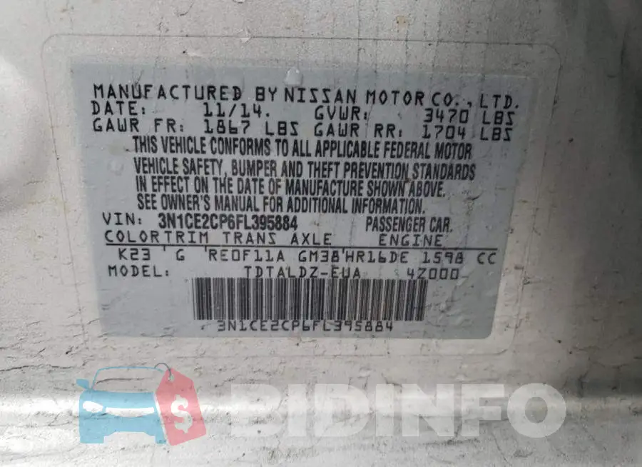 3N1CE2CP6FL395884 Photo# 10