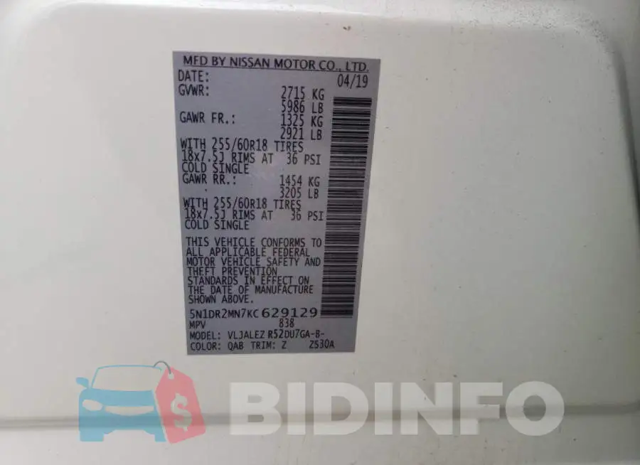 5N1DR2MN7KC629129 Photo# 14