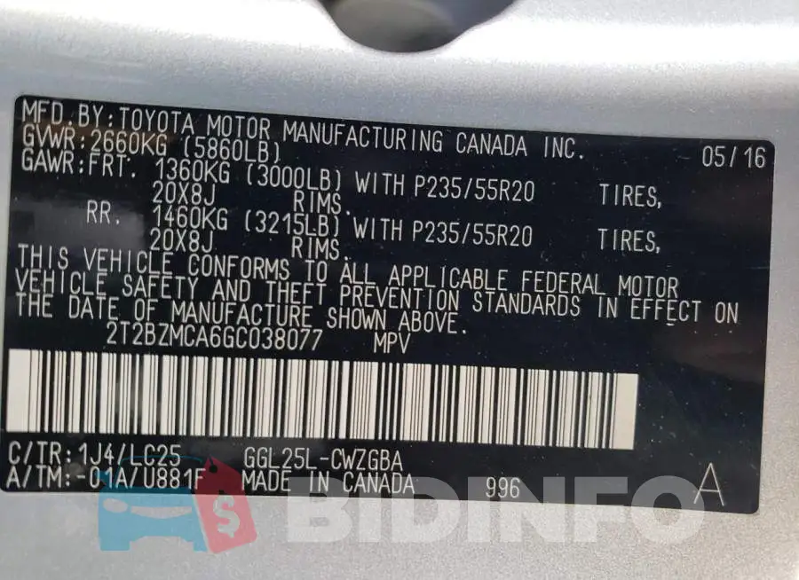 2T2BZMCA6GC038077 Photo# 10