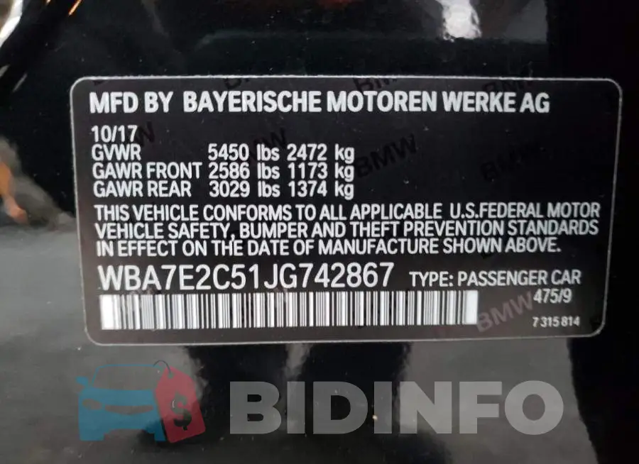 WBA7E2C51JG742867 Photo# 13