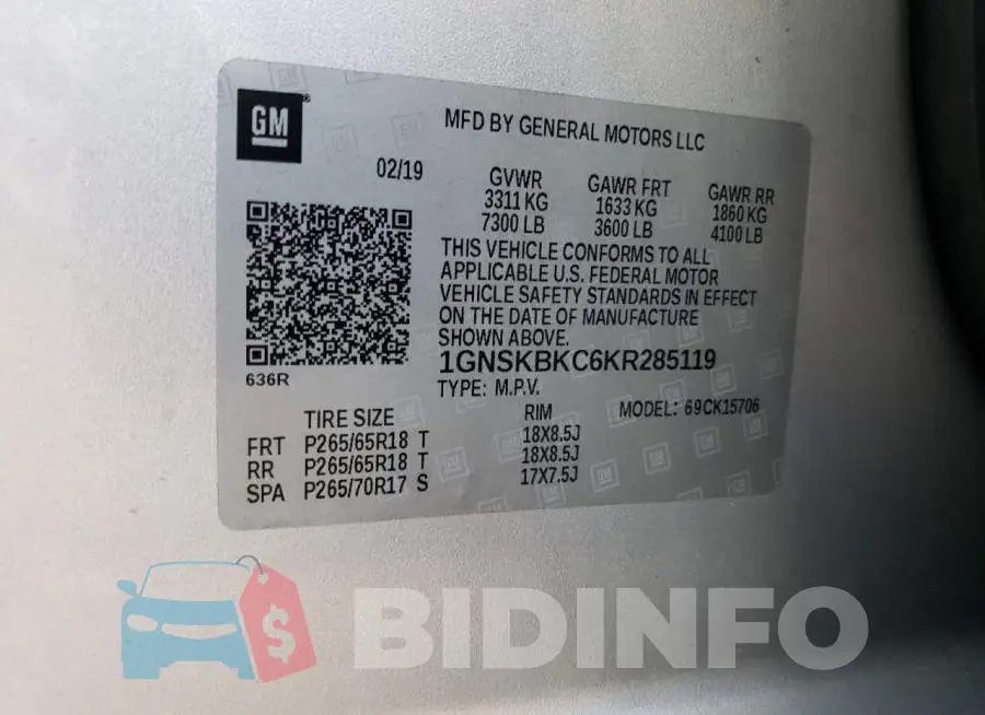 1GNSKBKC6KR285119 Photo# 12