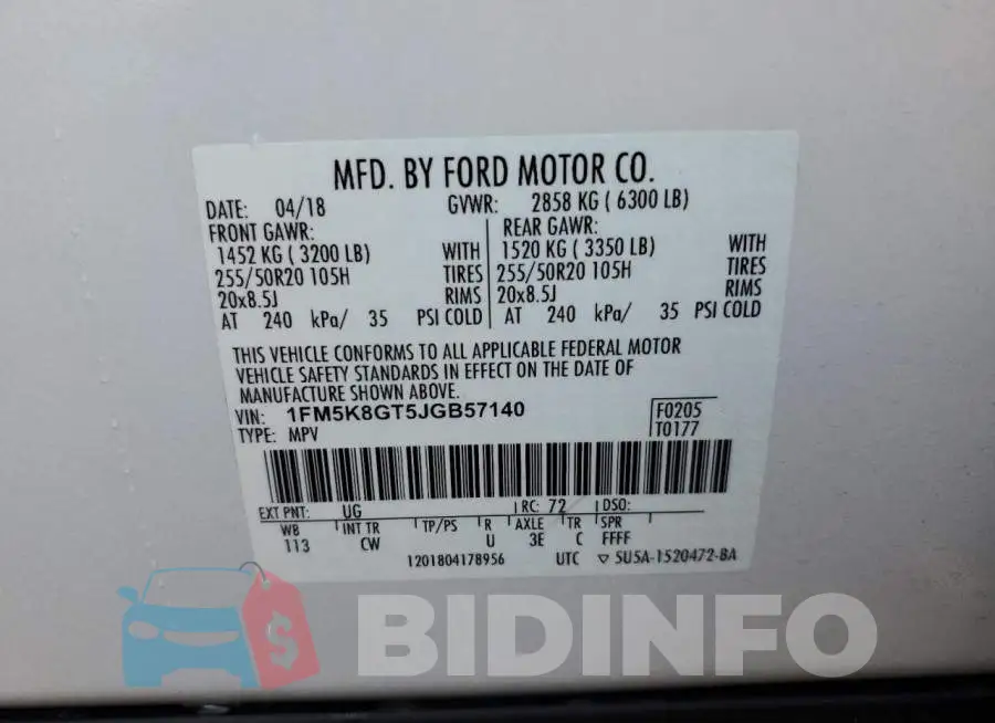 1FM5K8GT5JGB57140 Photo# 13