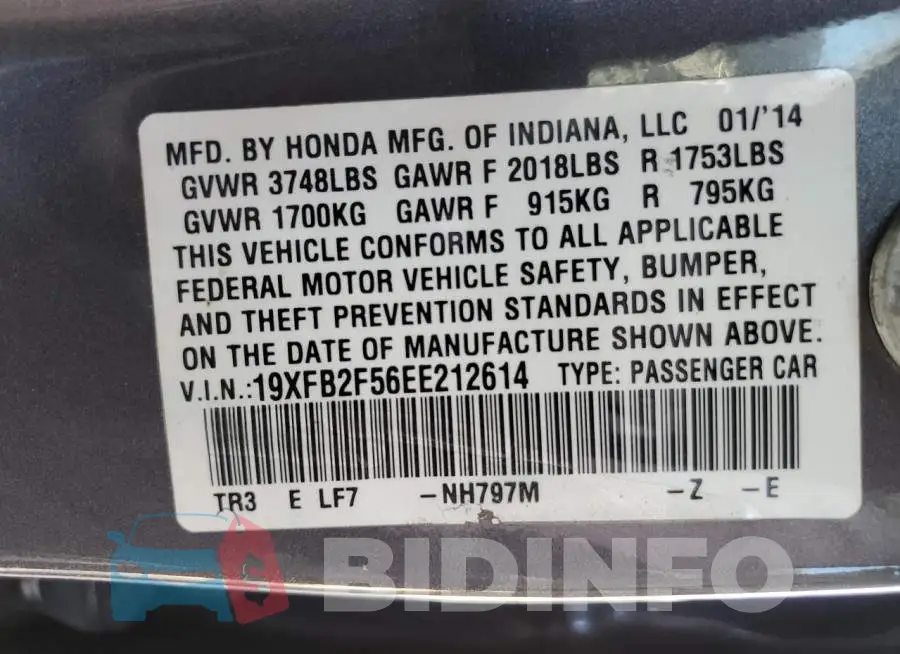19XFB2F56EE212614 Photo# 10