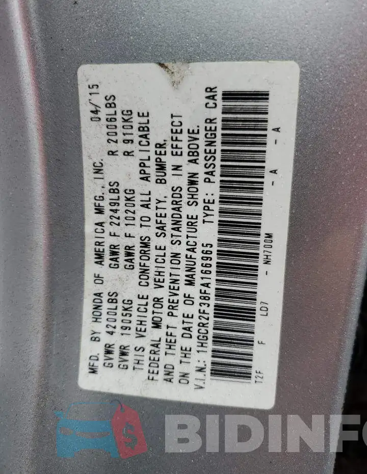 1HGCR2F38FA166965 Photo# 12