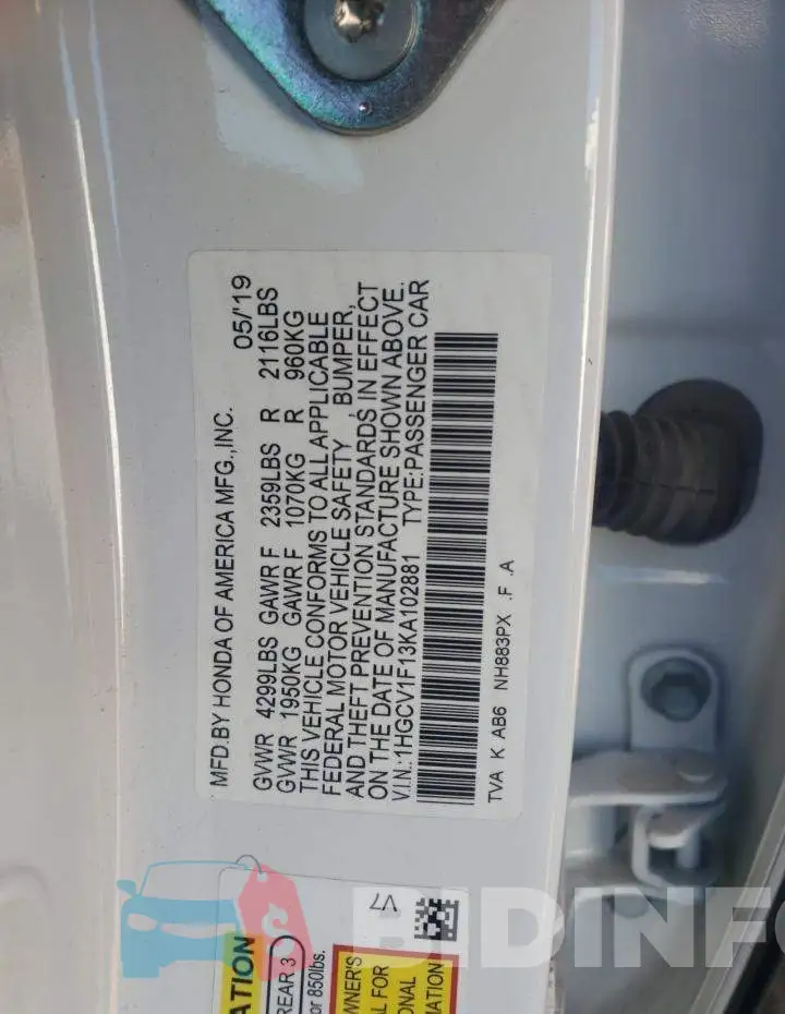 1HGCV1F13KA102881 Photo# 10