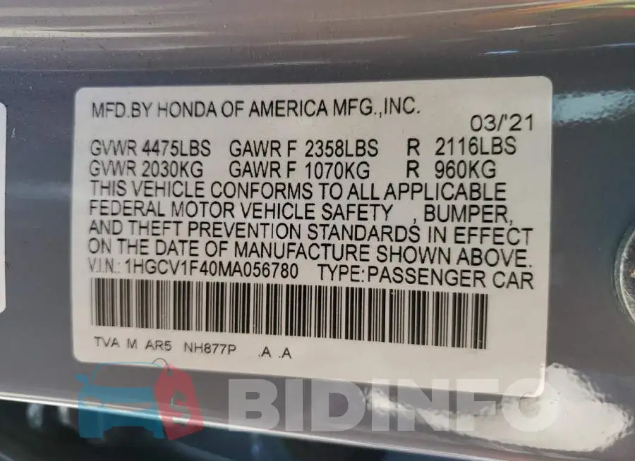 1HGCV1F40MA056780 Photo# 13