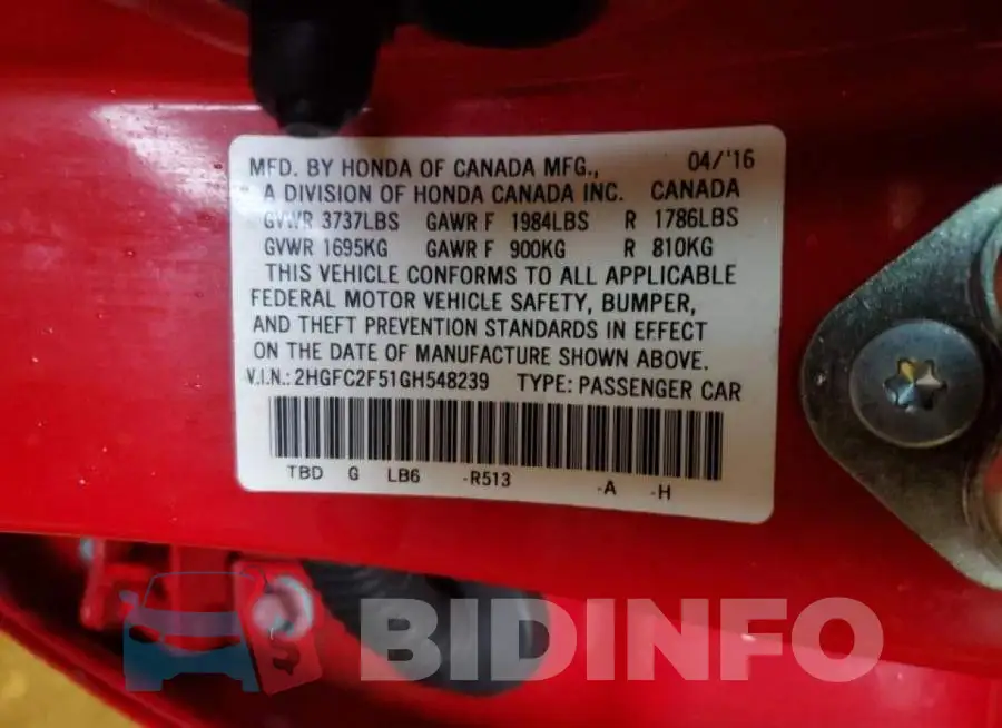 2HGFC2F51GH548239 Photo# 13