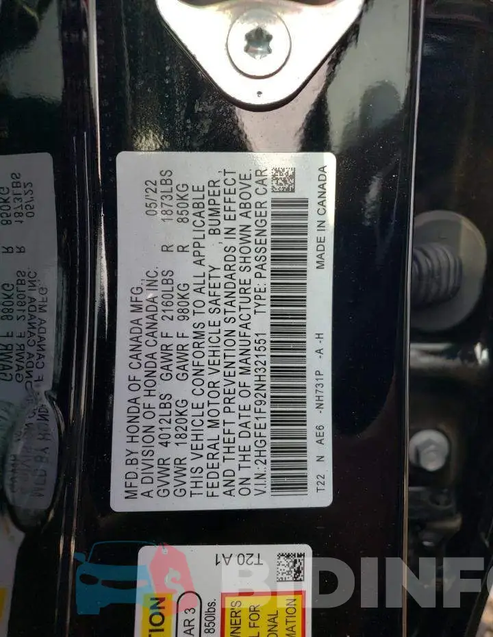 2HGFE1F92NH321551 Photo# 13