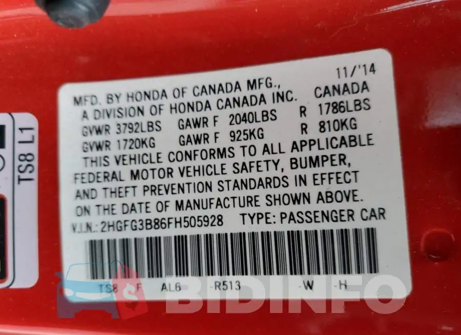 2HGFG3B86FH505928 Photo# 12