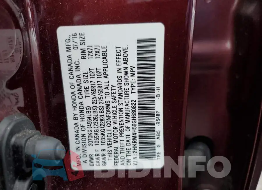 2HKRM4H59GH680822 Photo# 13