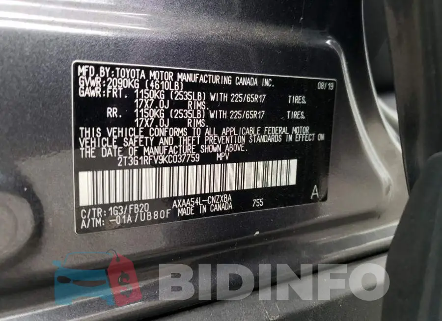 2T3G1RFV9KC037759 Photo# 10