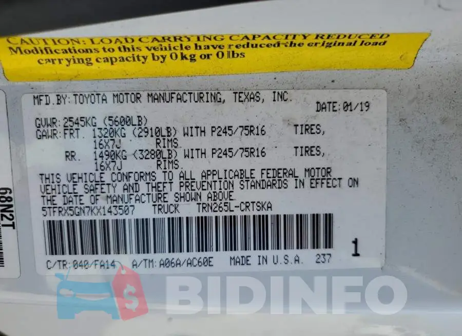 5TFRX5GN7KX143507 Photo# 10