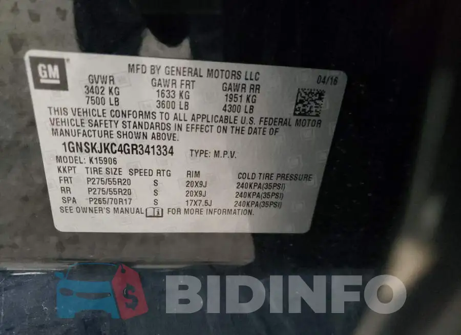 1GNSKJKC4GR341334 Photo# 13