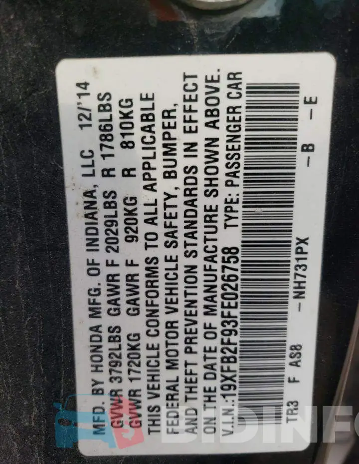 19XFB2F93FE026758 Photo# 10