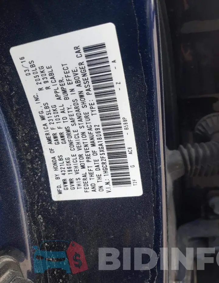 1HGCR2F5XGA180692 Photo# 10