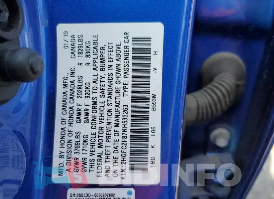 2HGFC2F87KH533263 Photo# 10