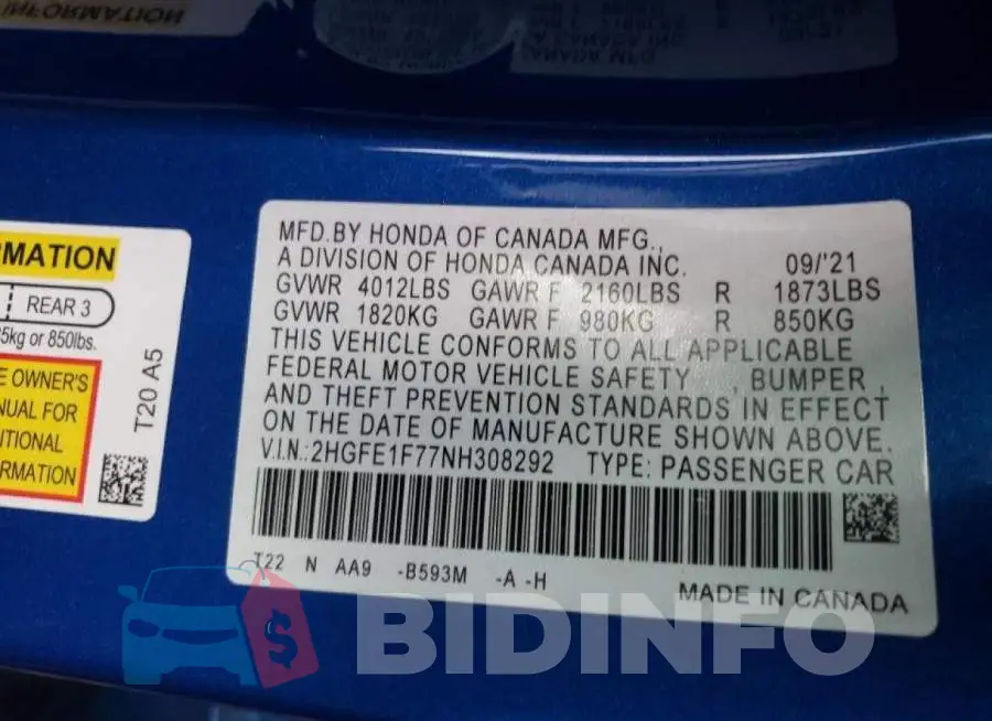 2HGFE1F77NH308292 Photo# 12