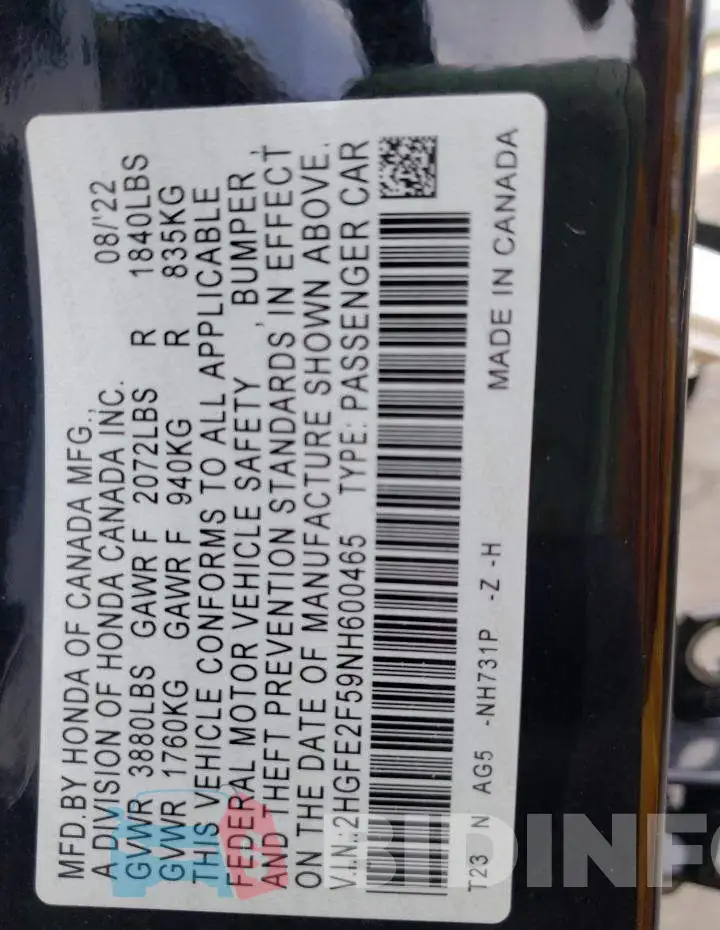 2HGFE2F59NH600465 Photo# 12