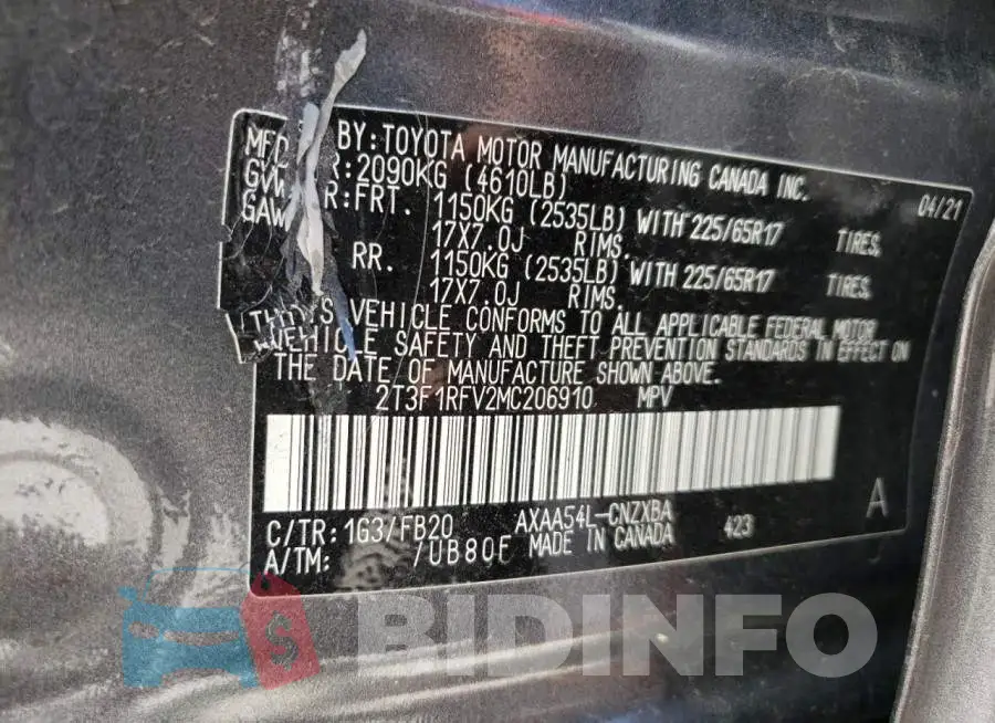 2T3F1RFV2MC206910 Photo# 10