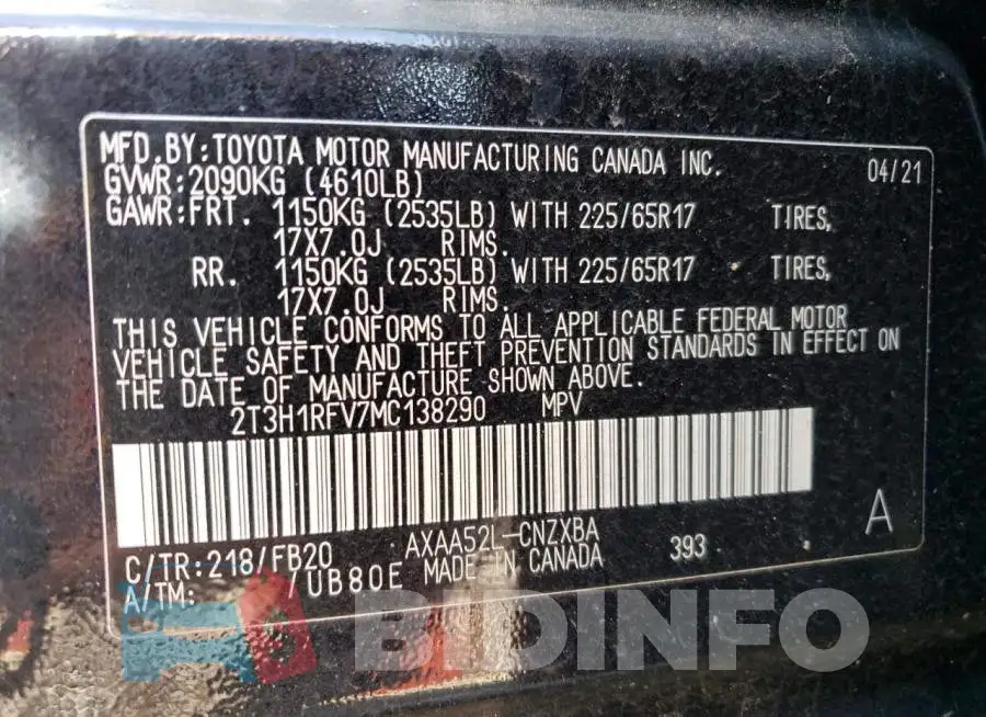 2T3H1RFV7MC138290 Photo# 10