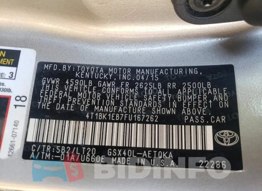 4T1BK1EB7FU167262 Photo# 10