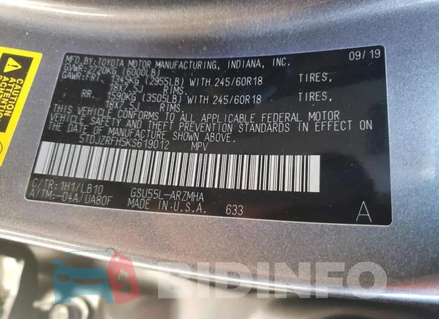 5TDJZRFH5KS619012 Photo# 13
