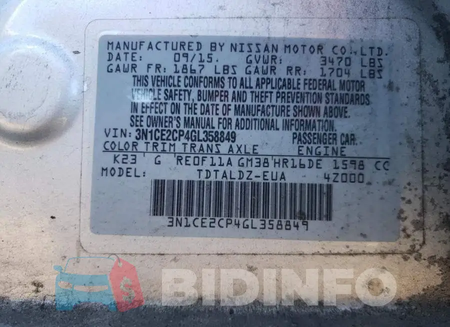 3N1CE2CP4GL358849 Photo# 13