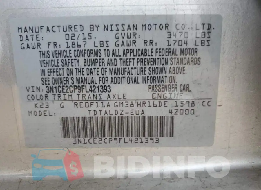 3N1CE2CP9FL421393 Photo# 13