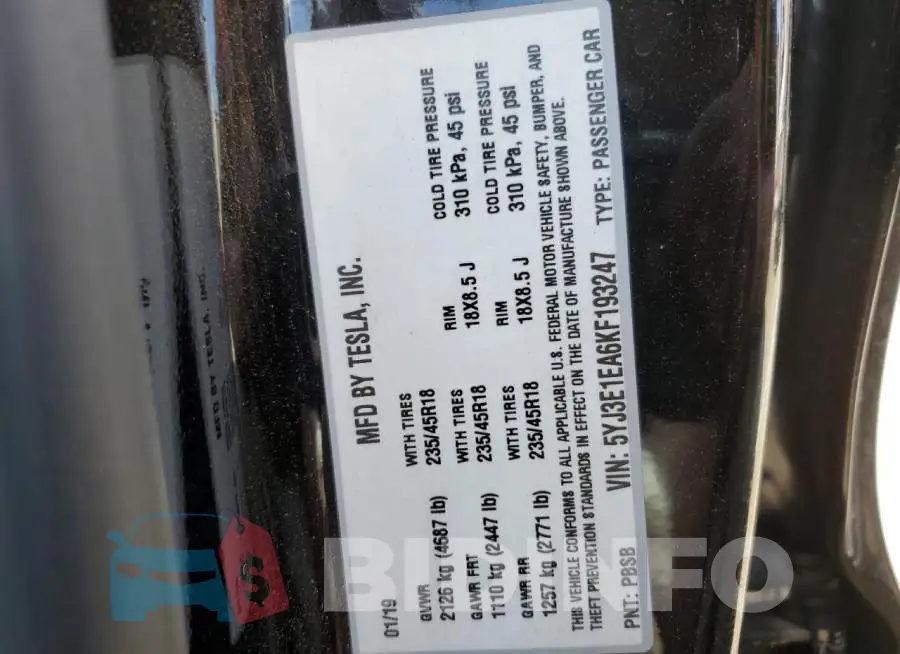 5YJ3E1EA6KF193247 Photo# 10