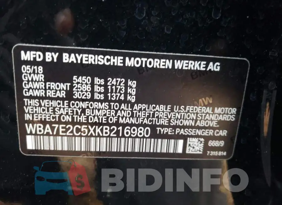 WBA7E2C5XKB216980 Photo# 12