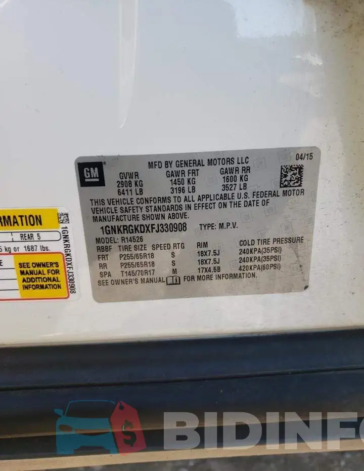 1GNKRGKDXFJ330908 Photo# 14