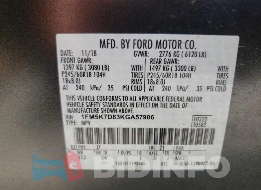 1FM5K7D83KGA57906 Photo# 10