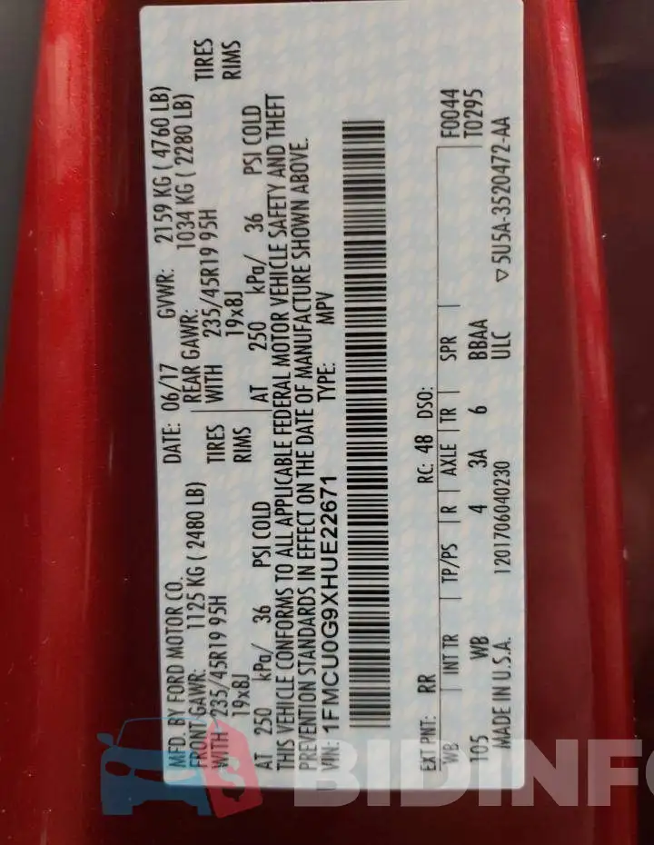 1FMCU0G9XHUE22671 Photo# 13