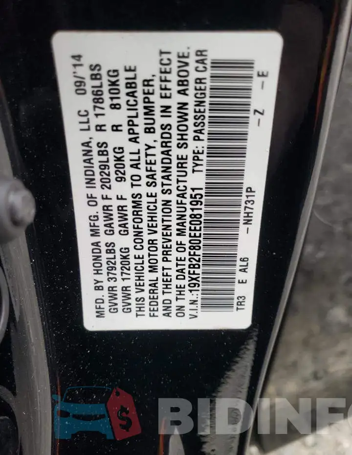 19XFB2F80EE081951 Photo# 10
