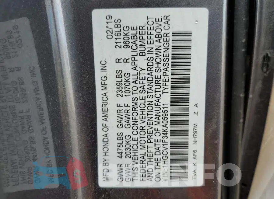 1HGCV1F34KA059511 Photo# 13