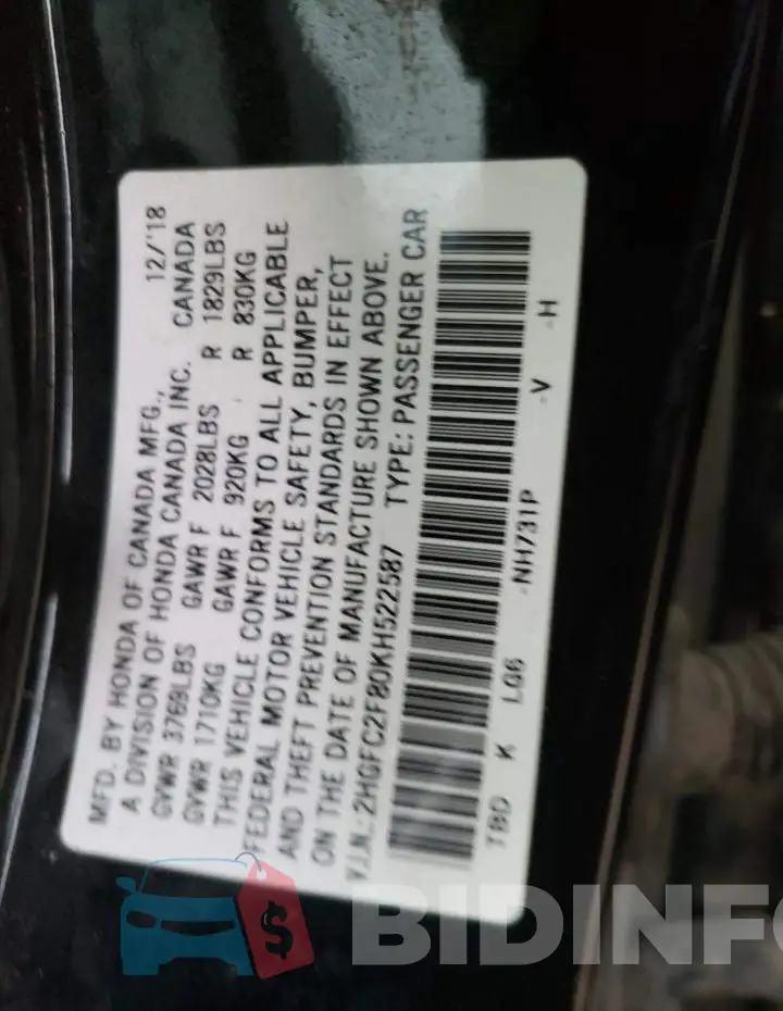 2HGFC2F80KH522587 Photo# 12