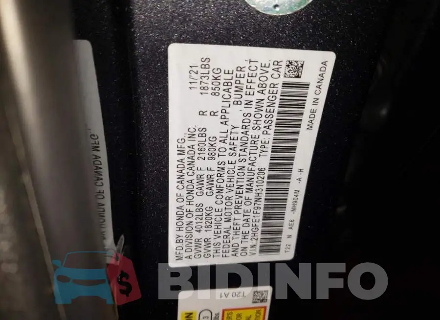 2HGFE1F97NH310206 Photo# 13