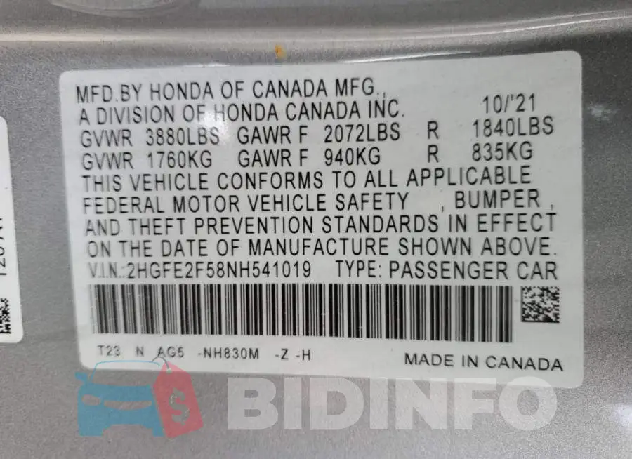 2HGFE2F58NH541019 Photo# 12