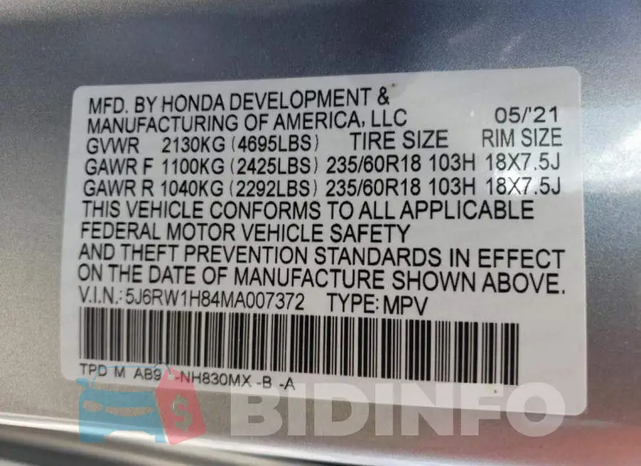 5J6RW1H84MA007372 Photo# 10