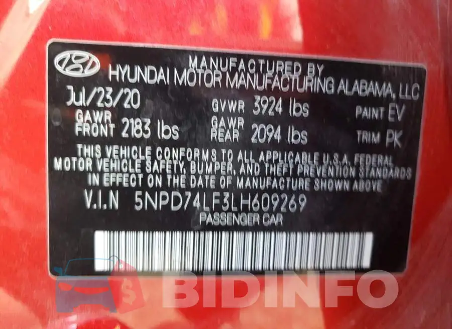 5NPD74LF3LH609269 Photo# 12