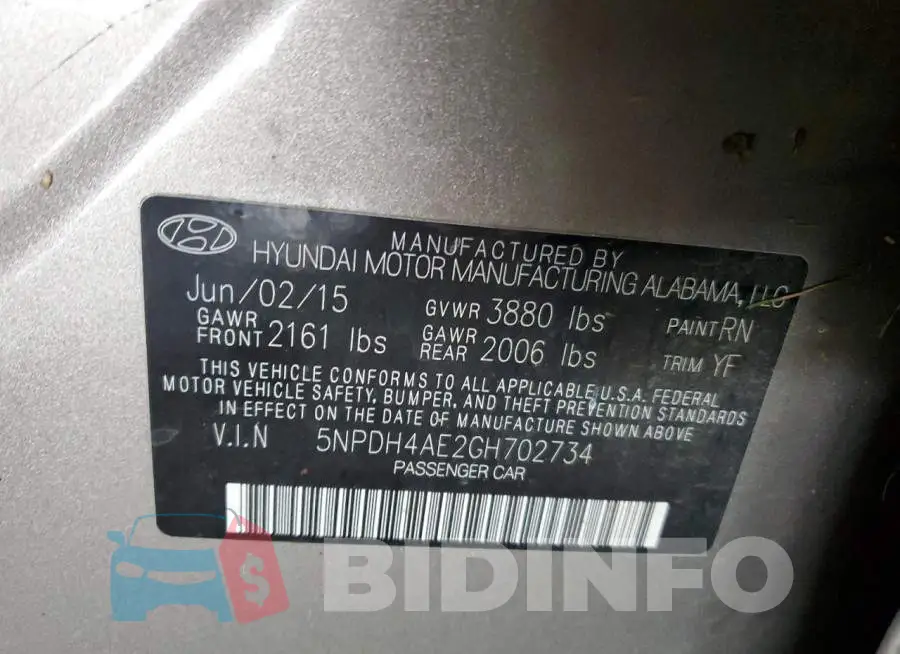 5NPDH4AE2GH702734 Photo# 12