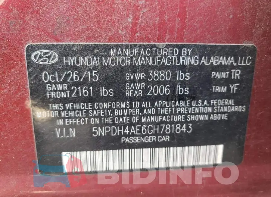 5NPDH4AE6GH781843 Photo# 12