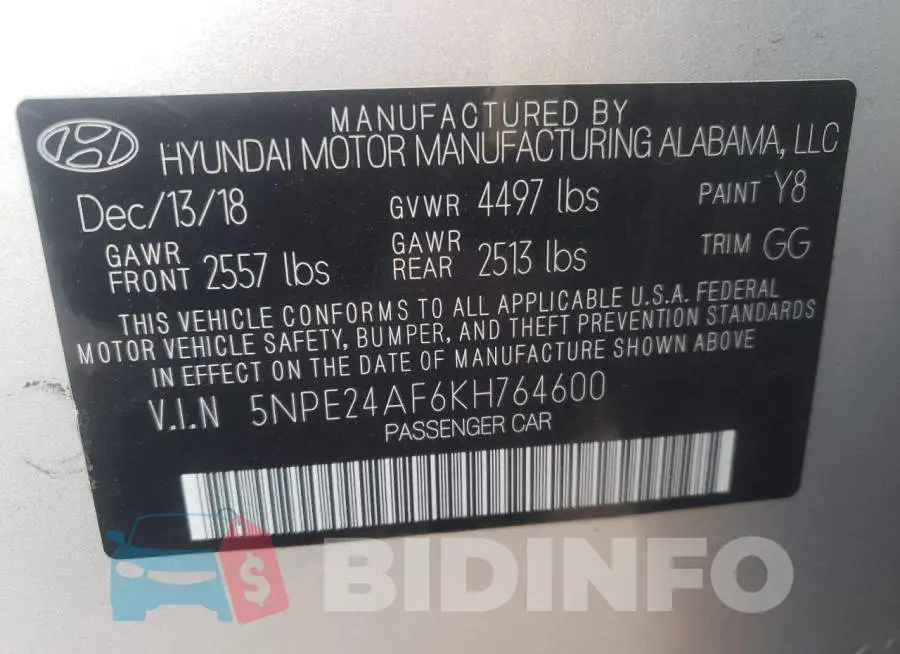 5NPE24AF6KH764600 Photo# 10