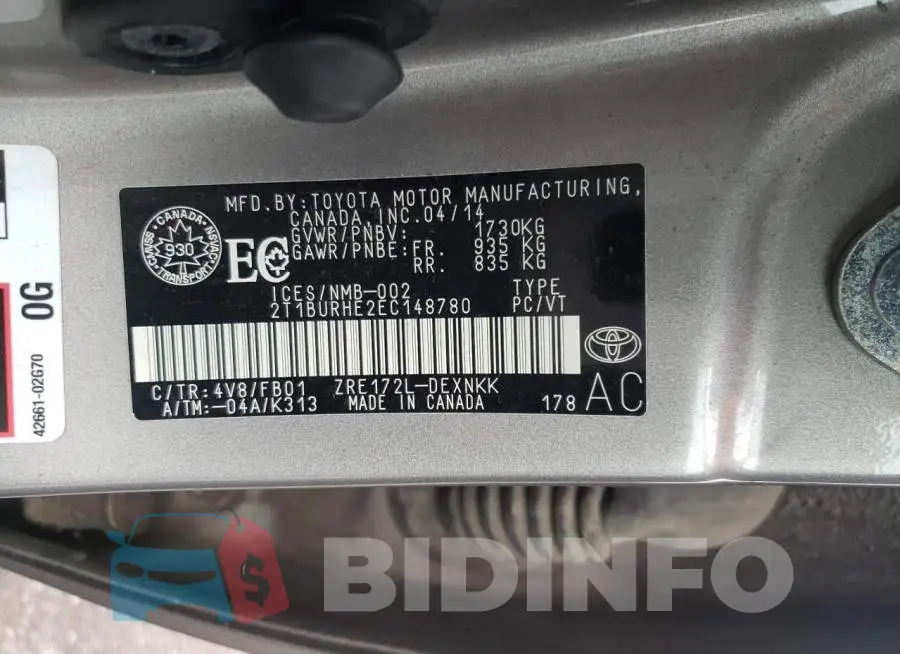 2T1BURHE2EC148780 Photo# 12