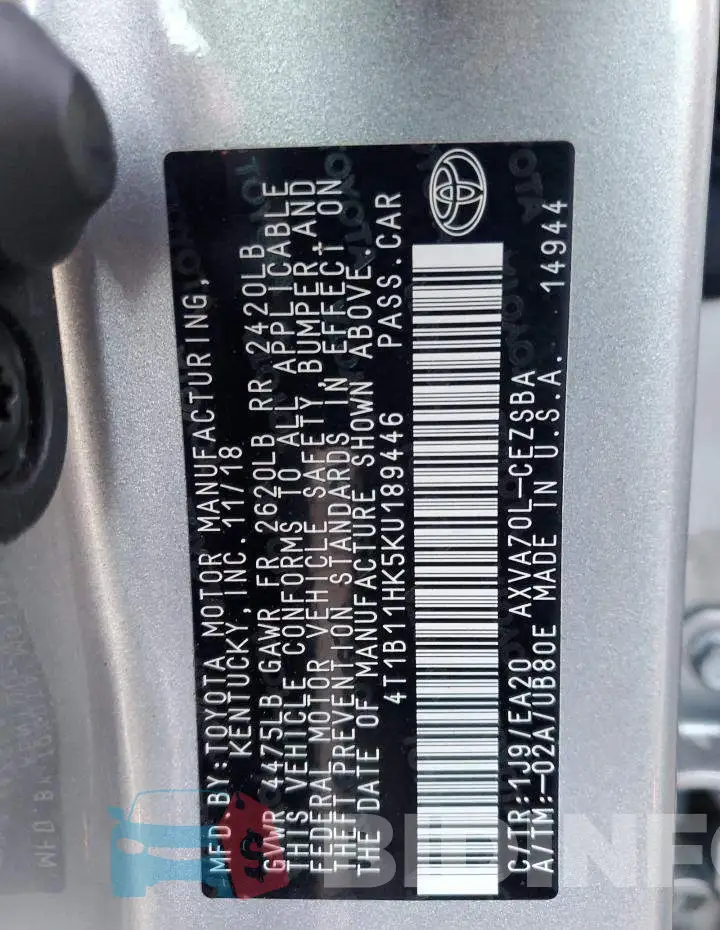 4T1B11HK5KU189446 Photo# 12