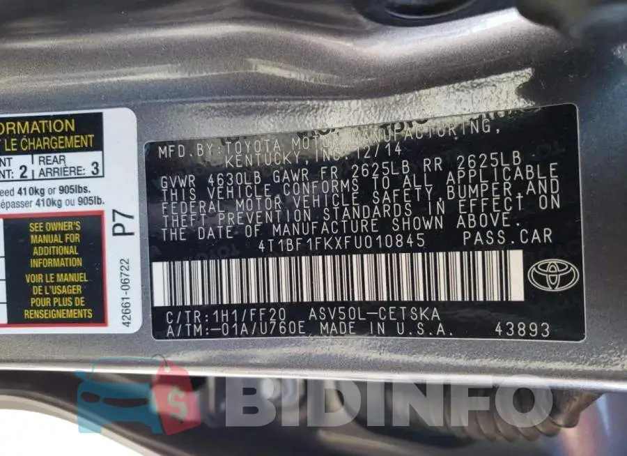 4T1BF1FKXFU010845 Photo# 12