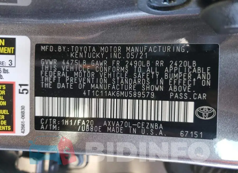 4T1C11AK6MU589579 Photo# 10