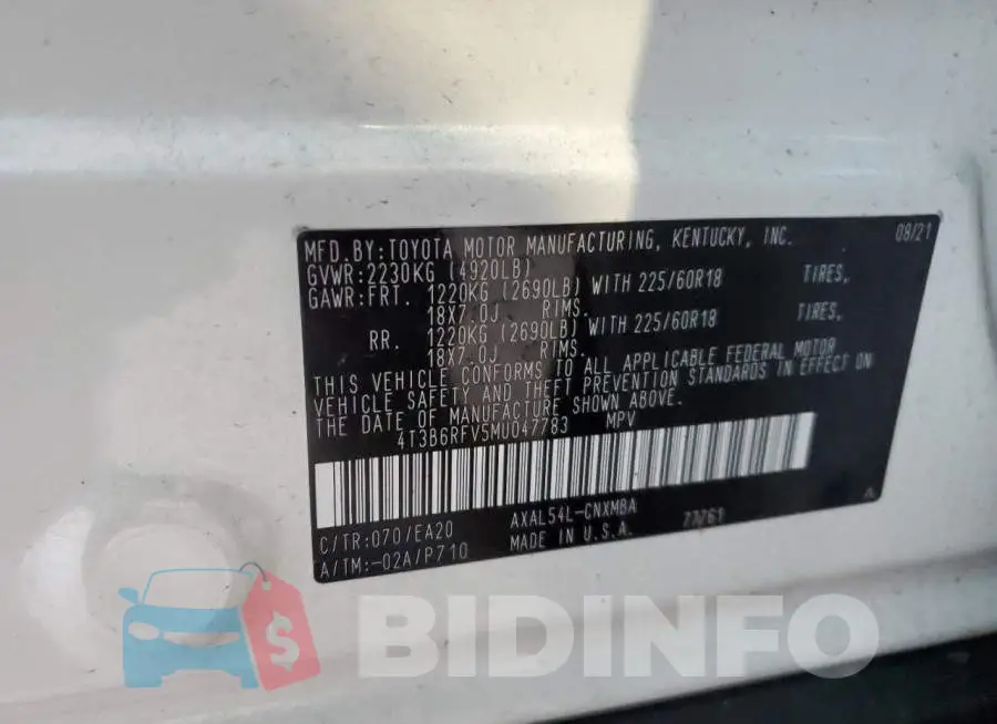 4T3B6RFV5MU047783 Photo# 14