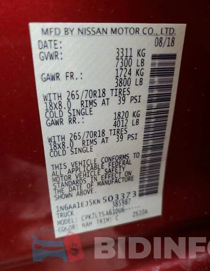 1N6AA1EJ5KN503373 Photo# 10