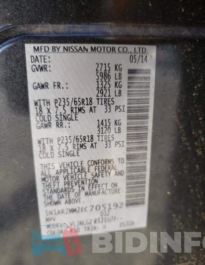 5N1AR2MM2EC705192 Photo# 13
